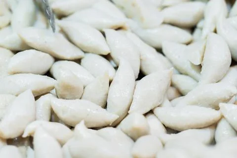 Closeup of Steamed Rugby Fish Balls, thai street food market Stock Photos