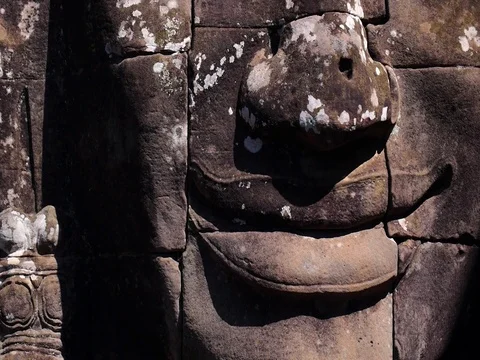 Closeup Of Stone Face In Bayon Temple In Cambodia Stock Footage 77462087