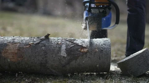 Closeup straight on view of chainsaw cutting into a log with sawdust flying in Stock Footage 150509224