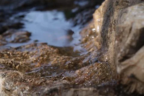 Closeup of a stream flowing over the bumpy rocks under the sunlight 写真素材