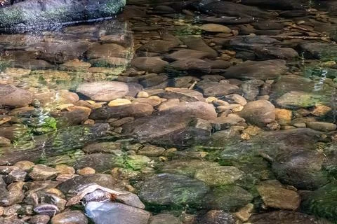 Closeup of a stream with visible rocks and flowing water Stock Photos
