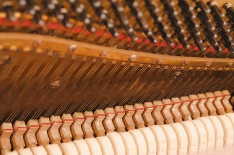 Closeup of the strings, hammers and dampeners of an old vintage upright piano Stock Photos
