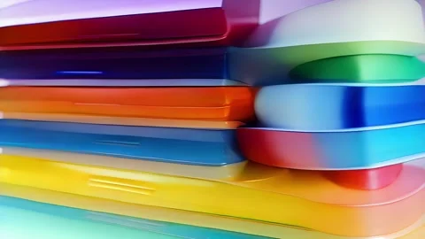 Closeup of a striped pattern on transparent plastic in bold primary colors. The Stockbeeldmateriaal 253929982