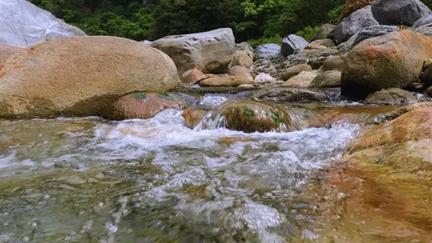 Closeup of strong stream in deep valley.gurgling pour water,Charming Valley Video stock 307196077