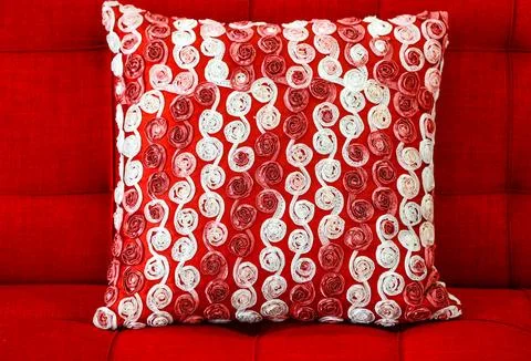 Closeup studio shot of white circle knitted pattern soft backrest cushion s.. Stock Photos