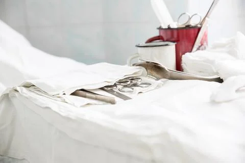 Closeup of surgical instruments tools. Surgeons Operating in the Hospital. Man Stock Photos