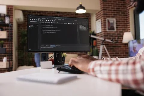 Closeup of system developer writing code on personal computer typing algorithm 스톡 사진