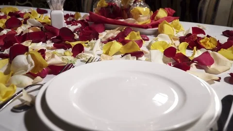 Closeup of table with plates decorated with rose petals in the restaurant Stock Footage 73516447