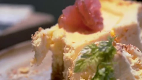 Closeup on taking a pieces of cheese cake with a fork, ice cream, dessert Stock Footage 262151848