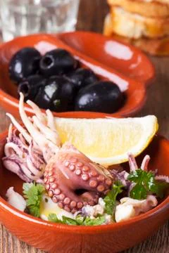 Closeup of tapas with seafood Stock Photos