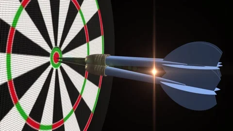 Closeup of target with darts hitting in the middle for winner. Sport 3d video Stock Footage 296753469