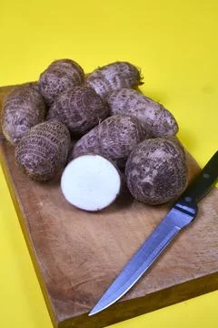 Closeup of taro root vegetable, eddo malanga, yellow background Stock Photos