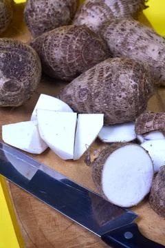 Closeup of taro root vegetable, eddo malanga, yellow background Stock Photos