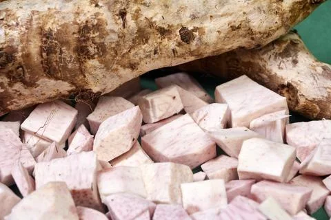 Closeup of taro root vegetable, eddo malanga, green background Stock Photos