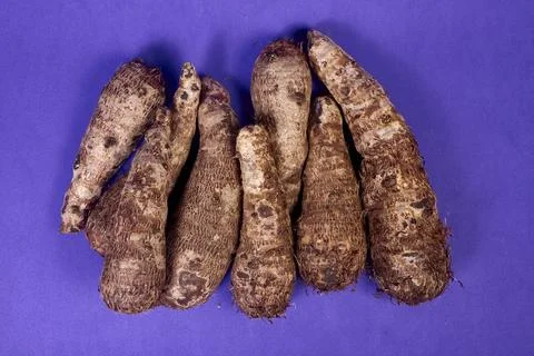 Closeup of taro root vegetable, eddo malanga, purple background Stock Photos