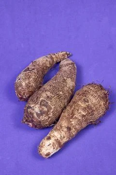 Closeup of taro root vegetable, eddo malanga, purple background Stock Photos