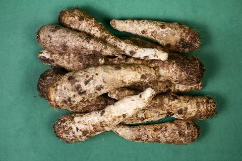 Closeup of taro root vegetable, eddo malanga, green background Foto stock