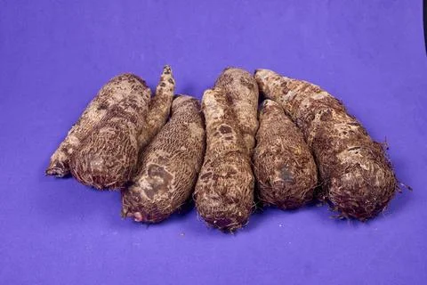 Closeup of taro root vegetable, eddo malanga, purple background Stock Photos