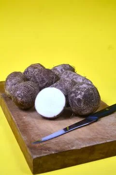 Closeup of taro root vegetable, eddo malanga, yellow background Stock Photos