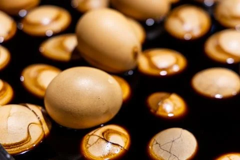 Closeup of tea eggs which is chicken eggs boiled in tea and herb, a Chinese Stock Photos
