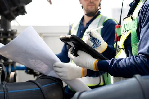 Closeup team man engineer inspecting industrial pipes looking blueprint and.. Stockfoto's