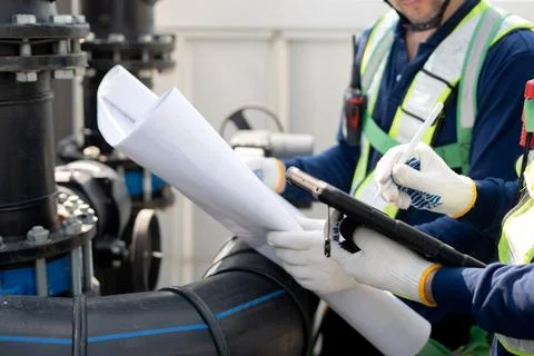 Closeup team man engineer inspecting industrial pipes looking blueprint and.. Stock Photos