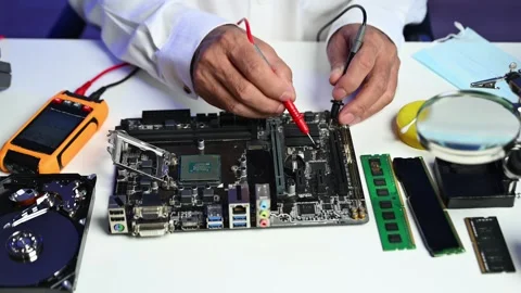 Closeup of technician testing a computer motherboard using tools and gloves.. Stock Footage 312773625