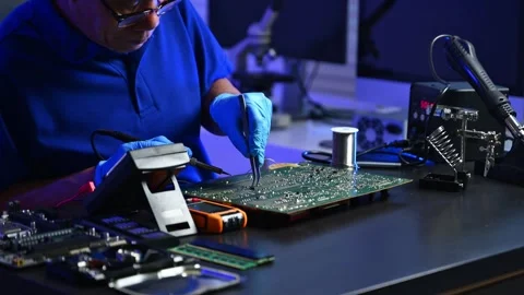 Closeup of technician testing a computer motherboard using tools and gloves.. Stock Footage 312774005