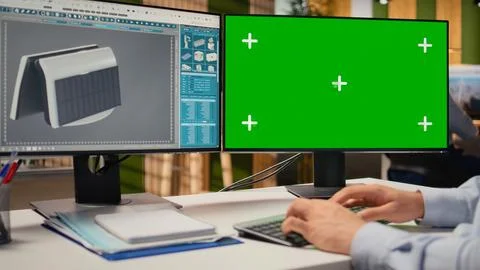 Closeup of technician using green screen PC to create solar powered device Stock Photos