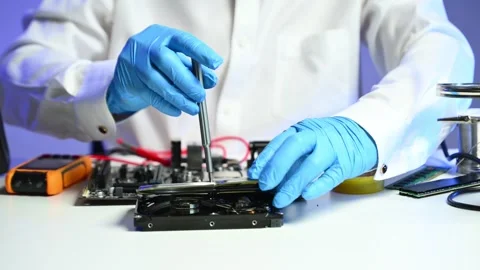Closeup of technician using screwdriver to fix an open hard drive near a mo.. Stock Footage 312773844