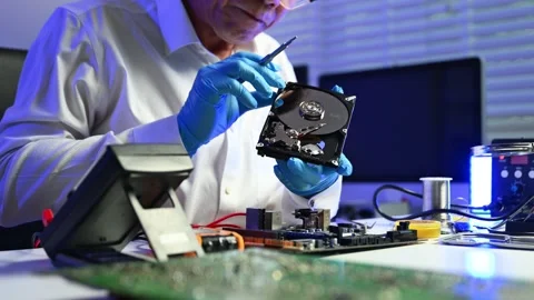 Closeup of technician using screwdriver to fix an open hard drive near a mo.. Stock Footage 312773879