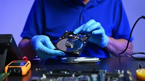 Closeup of technician using screwdriver to fix an open hard drive near a mo.. Stock Footage 312774055