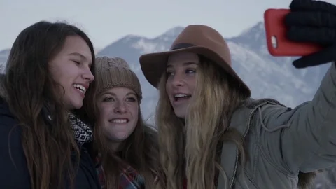 Closeup Of Teens Taking A Silly Selfie In Utah Mountains In Winter Stock Footage 72322795