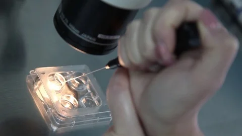 Closeup of test tubes with the eggs and sperm under a microscope Video stock 73365726