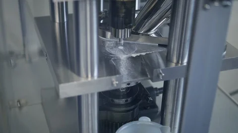 Closeup testing developing automated production of white sample tablets Spbd Video stock 128987399