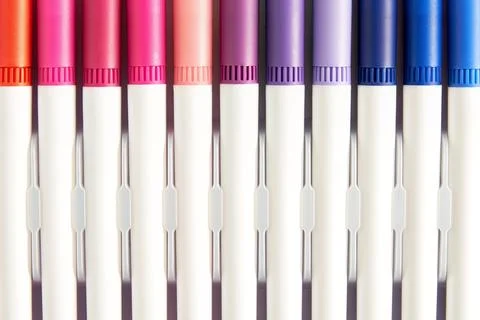 Closeup texture view multicolored felt-tip pens with pink and blue spectrum Stock Photos