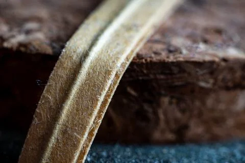 Closeup of a textured brown surface with a green leaf accent and natural fibers Stock Photos