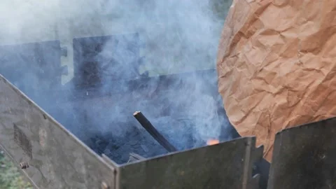 Closeup Thick Smoke an Adding Charcoal to Barbeque Fire Stock Footage 171686569