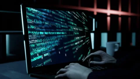 Closeup three dimensional static animation with working hands on computer Stock Footage 283548360