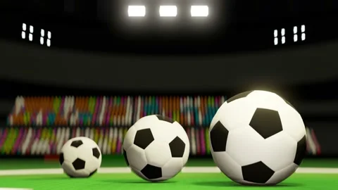 Closeup three soccer balls is spinning on the stage floor. Video stock 151073645