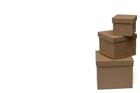 Closeup three stacked gift boxes white background Close up of three differ... Foto stock