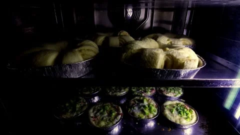 Closeup timelapse of bun baking in an electric oven. Mouthwatering pastry in the Stock Footage 336576446