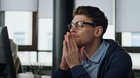Closeup tired manager analyzing online data. Stressed man overwork solve problem Video stock 242984268