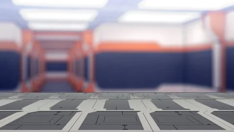 Closeup top sci-fi table with futuristic spaceship blur Background 3d illustr Illustration