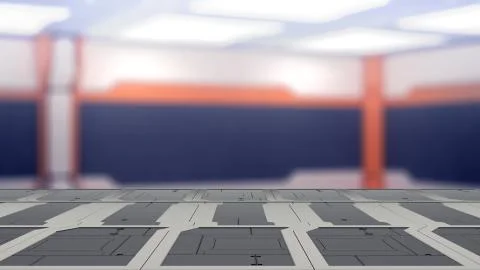 Closeup top sci-fi table with futuristic spaceship blur Background 3d illustr 库存插图