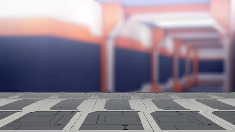 Closeup top sci-fi table with futuristic spaceship blur Background 3d illustr Illustration