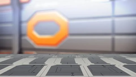 Closeup top steel table with Blur sci-fi Background 3d illustration 库存插图