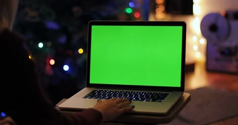 Closeup top view woman using digital modern laptop green screen chroma key free Stock Footage 84020811