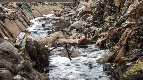 Closeup toxic water in stream at polluted garbage dump in Jakarta, Indonesia Stock Footage 78444861