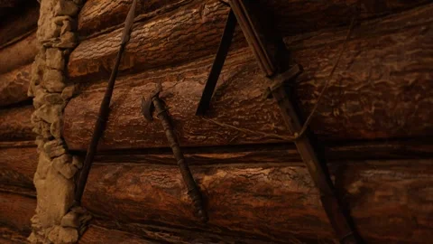Closeup of traditional workshop tools hanging on weathered timber Stock-Footage 337938750